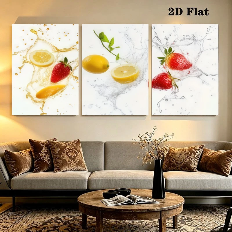 2D Flat, 2D Flat, 3pcs Modern Lemon Strawberry Water Splash Wall Art, Minimalist Home Decor for Living Room, Luxury Frameless