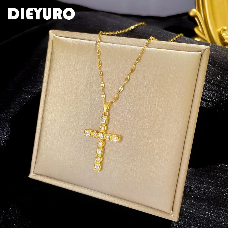 

DIEYURO 316L Stainless Steel Cross Full Zircon Pendant Necklace For Women New Luxury Quality Girls Clavicle Chain Jewelry Gifts