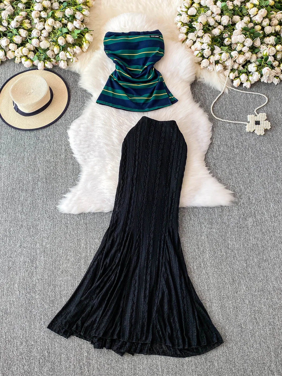 

Кружевной комплект с жилетом и юбкой с открытыми плечами Ele, утягивающий наряд подружки невесты в полоску с длинным хвостом Sa Split