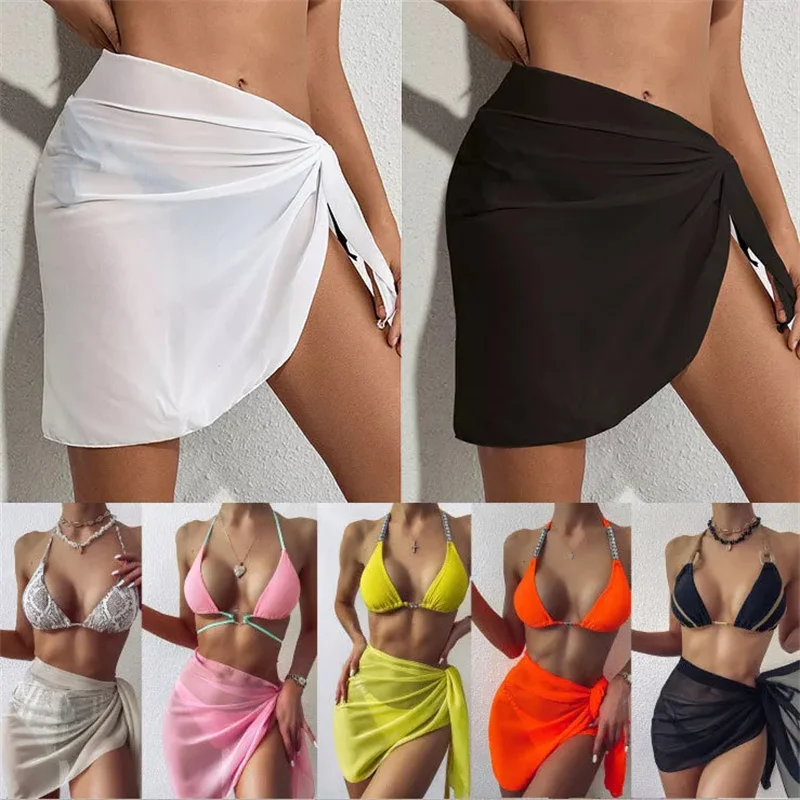 Summer Women's Short Sarong Beach Cover Up Mini Sheer Chiffon Wrap Bikini Skirt Multifunctional Shawl Beachwear