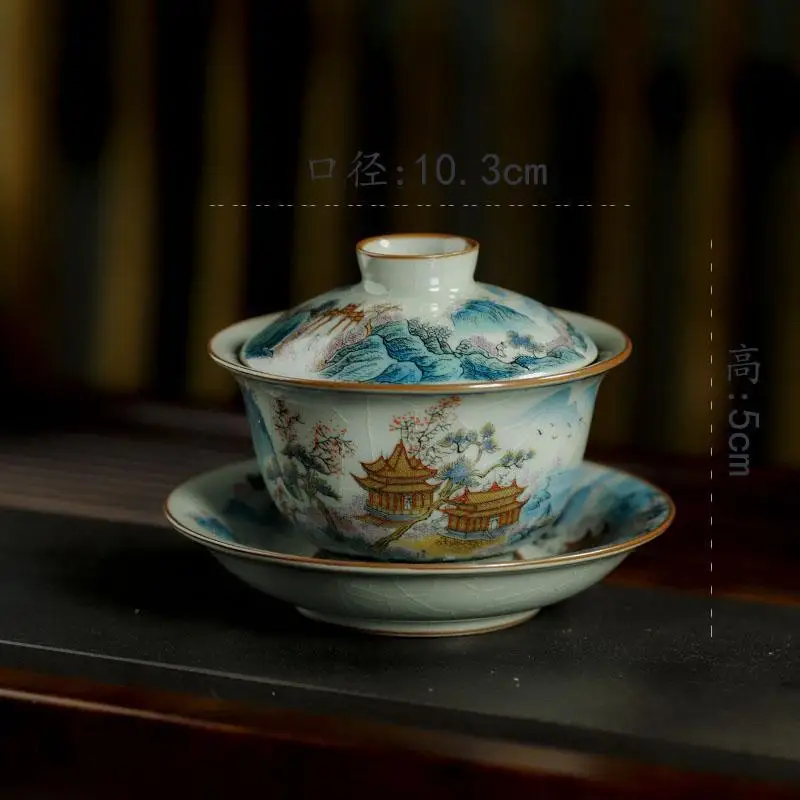 Jingdezhen Old Clay Tureen Pastel Paradise Gaiwan Ceramic Blue and White Tea Bowl Gracked Glaze Supportable