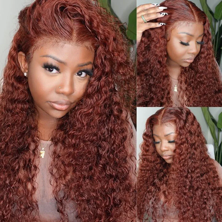 Reddish Brown Deep Wave 13x6 Lace Frontal Wig Brazilian Dark Red Colored Curly 13x4 Lace Front Wig Human Hair For Women