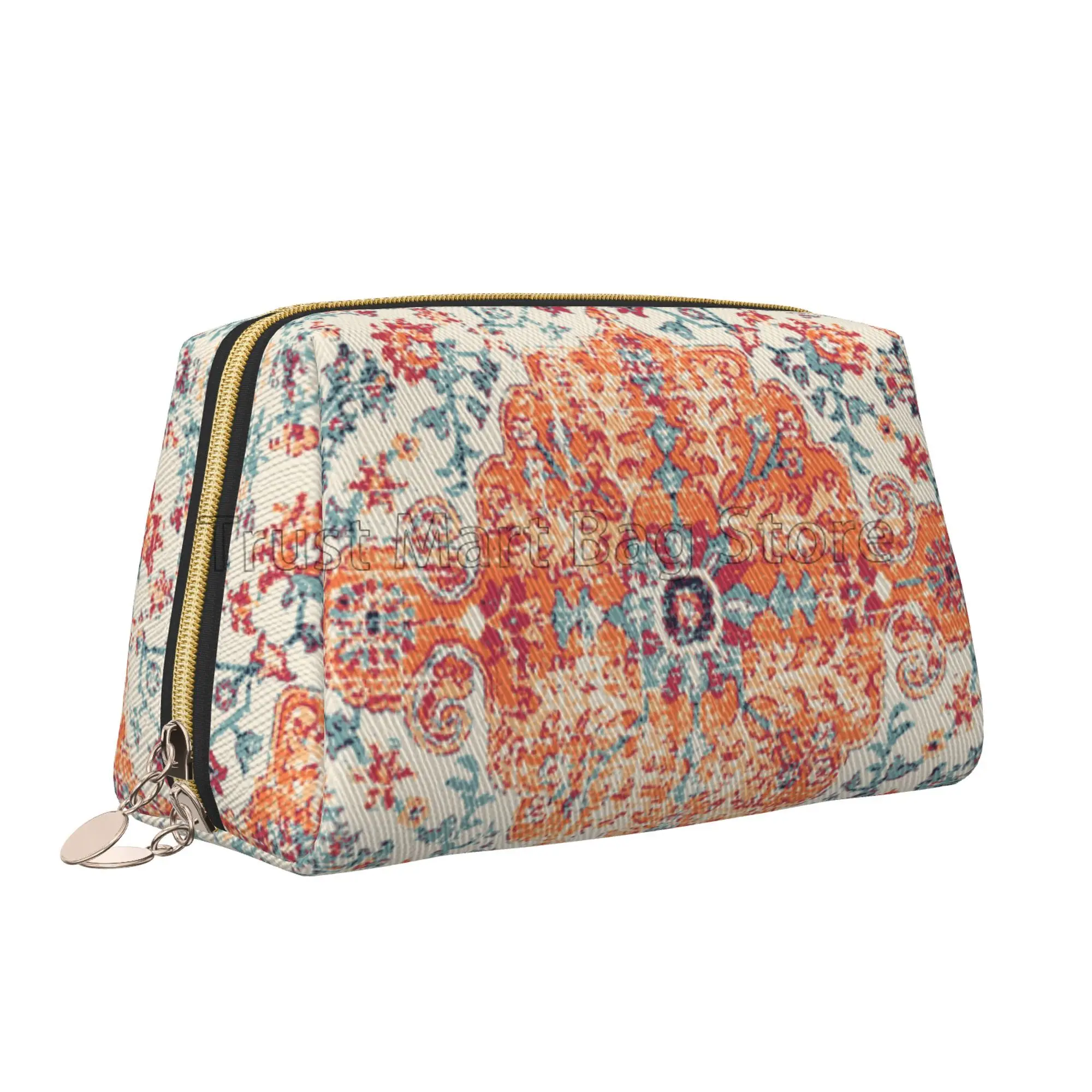 Aztec Terracotta Boho Cosmetic Bag Women Leather Makeup Bag Large Capacity Travel Pouch Bags Zipper Makeup Organizer
