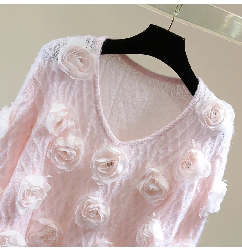 Exquisite Flowers Diamond-Embedded Long-Sleeved Sweater Women 2023 Autumn Winter Korean Style High Waist Short Pink Knitwear