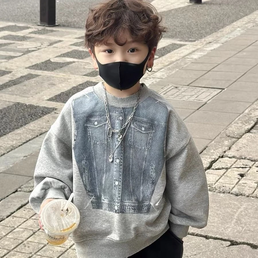 Boys Denim Print Sweatshirt Spring Autumn Korean Style Round Neck Pullover Tops Fashionable Casual Hoodie for Kids