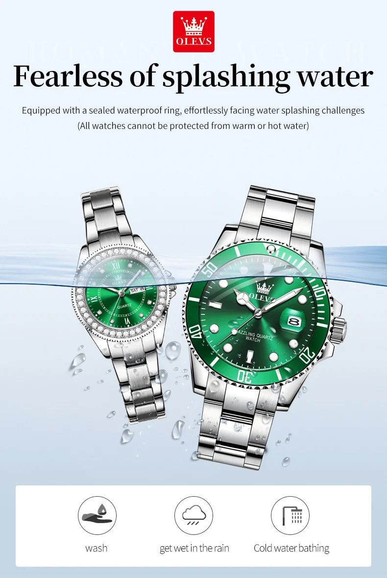 OLEVS-Montre à Quartz de Luxe en Acier Inoxydable pour Homme et Femme, Montre-Bracelet Amoureux, Série Green Water mesurost, Top Original, Couple