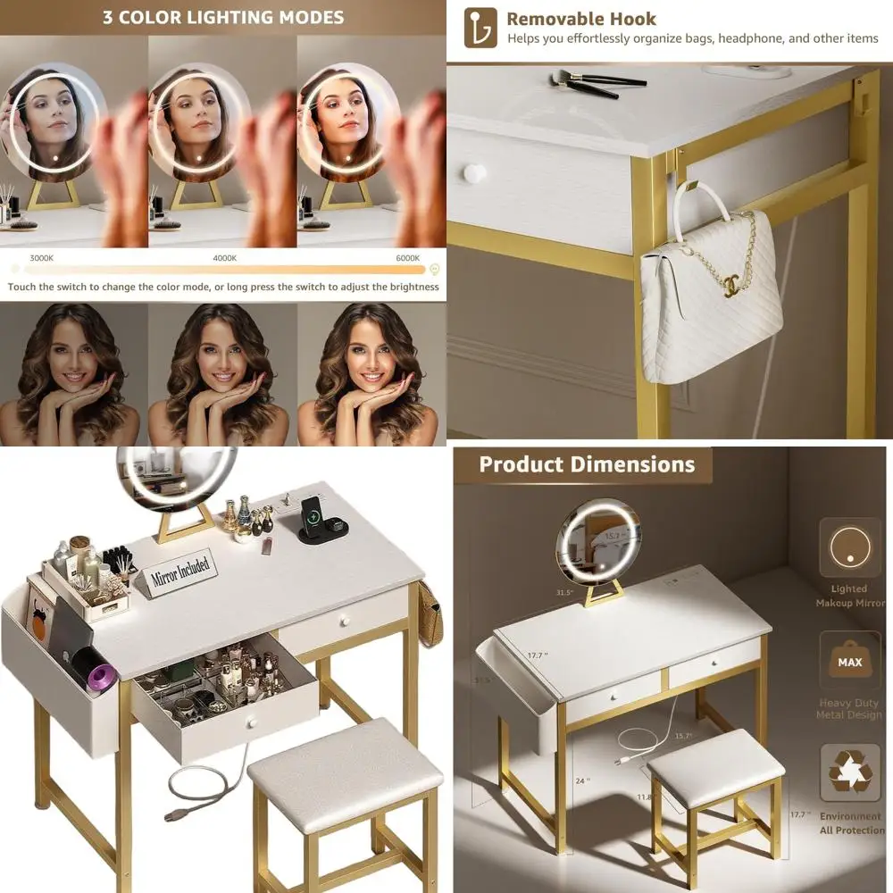 Tocador de maquillaje blanco y dorado con espejo y luces, cajones, sillas de tela y toma de corriente para dormitorio moderno