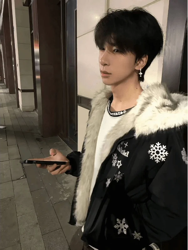 

Мужская зимняя хлопковая куртка-парка с капюшоном и вышивкой «Снежинка» в американском стиле, свободного кроя, универсальная, для пар, верхняя одежда