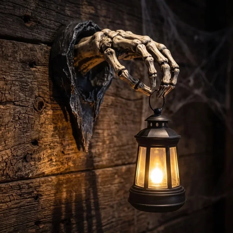 Halloween Skeleton Hand Wall Lamp Resin Ghost Wall Sconce with Hanging Lantern Spooky Wall for Halloween Party Home