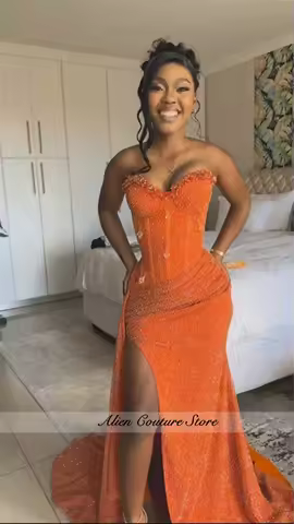 Sparkle High Split Evening Dresses Orange Beading Diamonds Dinner Dress African 2025 Wedding Prom Party Dress Customized