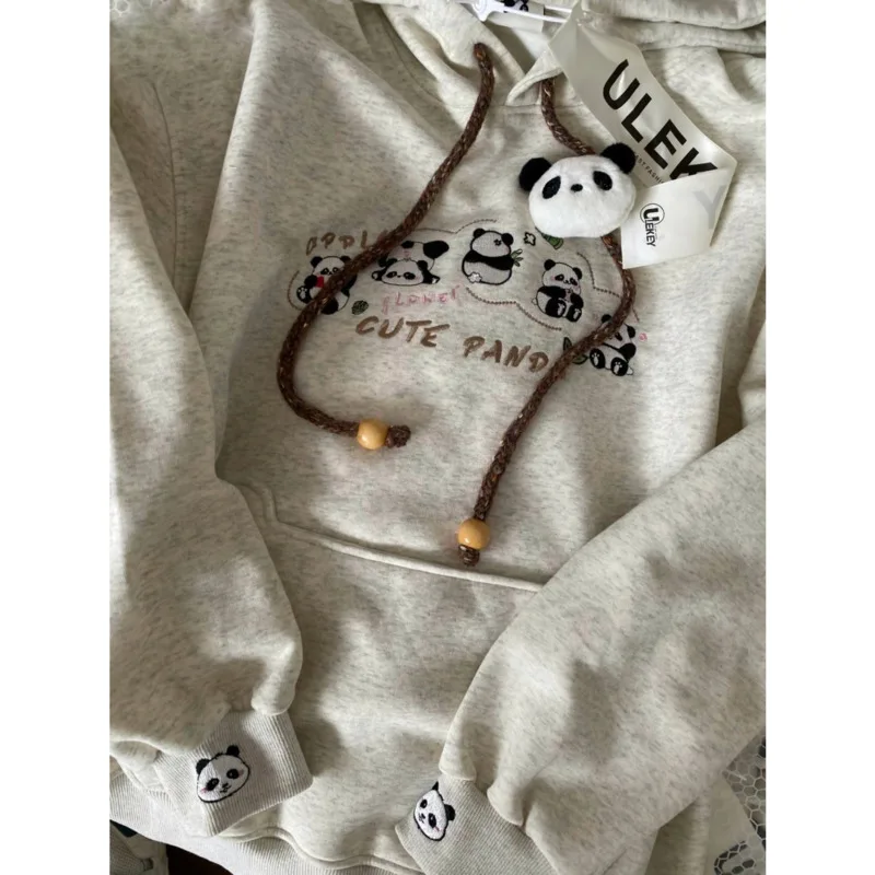 Panda Embroidery Hooded Sweatshirt Cute Animal Plush Hooded Sweatshirt New Stylish Autumn/Winter Women's Warm Pure Cotton Tops