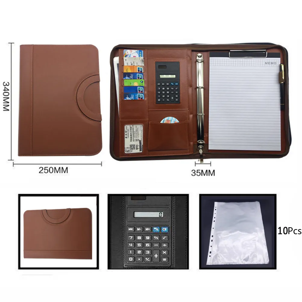 

A4 Multifunctional Portable PU Business Office Portfolio Zipper File Folder Document Organizer with Calculator Brown