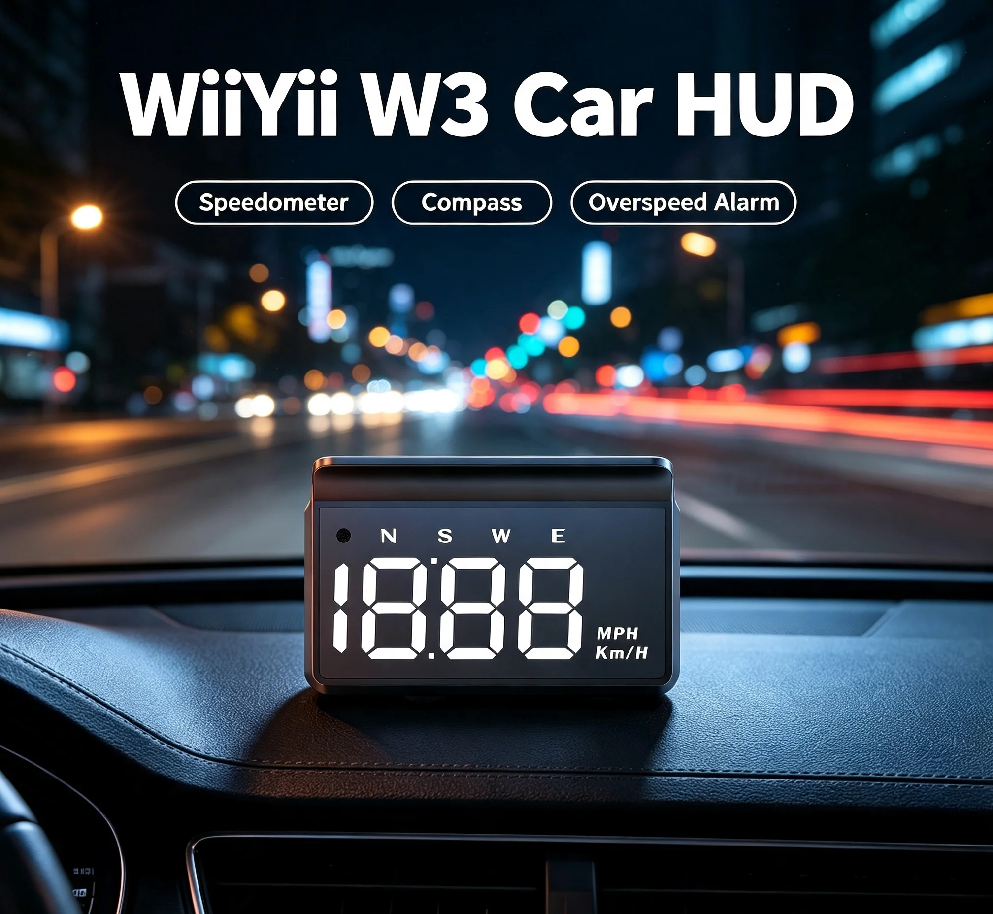 WiiYii Plug & Play W3 Windshield LED Car HUD Multi-Function Speedometer 4 Switchable Display Modes Compass Time Overspeed Alarm