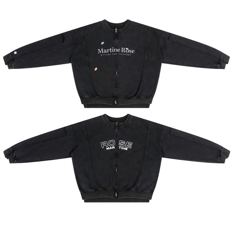 

Куртка Martine Rose нестандартной лоскутной верхней одежды, потертые черные куртки со старым буквенным принтом, двуглавые куртки на молнии, уличная одежда