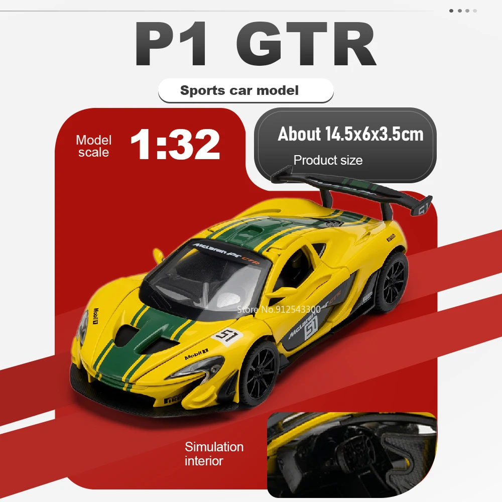 

1:32 Scale P1 GTR 750S Super Car Model Toy Alloy Body Rubber Tires Openable Doors Sports Cars Miniature Models Collectible Item