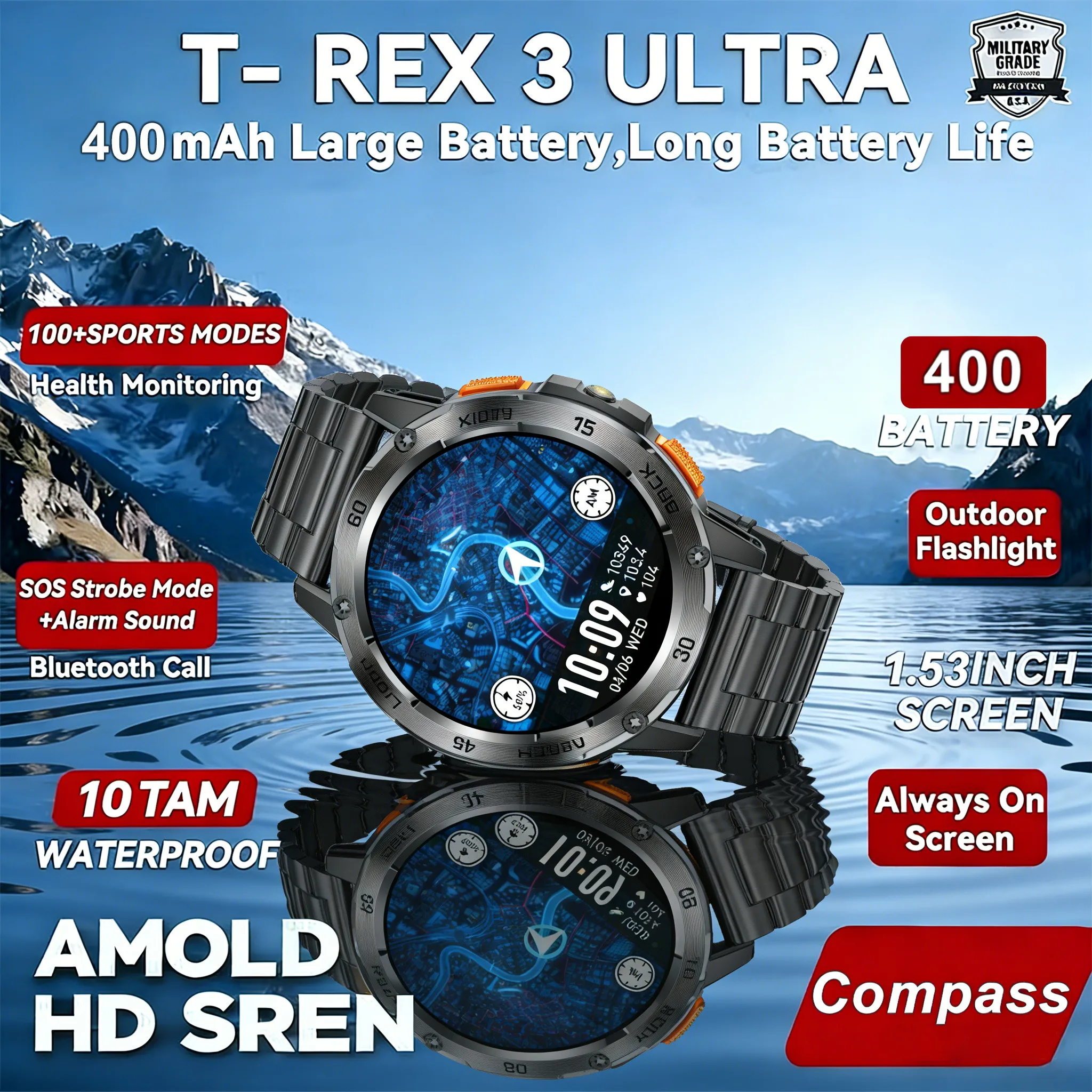 

Смарт-часы T-Rex 3 2026 года: фитнес-трекер, мужские, с сенсорным HD-экраном, аккумулятором 400 мАч, фонариком, функцией звонков, водонепроницаемые