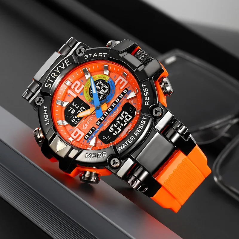 STRYVE 8025 Outdoor Electronic Male Wristwatch Display Quartz Men Clock Sports Mens Watch Orange LED Digital Watch