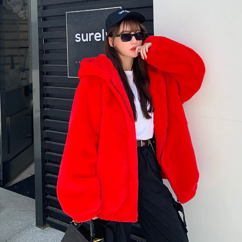 2023 Winter New Hooded Whole Skin Faux Rex Fur Coat Female Long Outerwear Coats Women Jacket