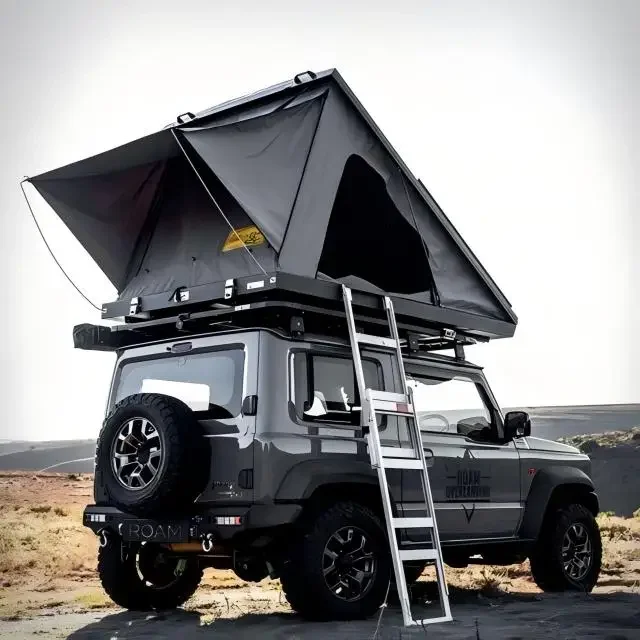 

zs Camping Triangle Car Rooftop Tent Hard Clamshell Black Gray Aluminum 4 Person Hard Shell Roof Top Tent