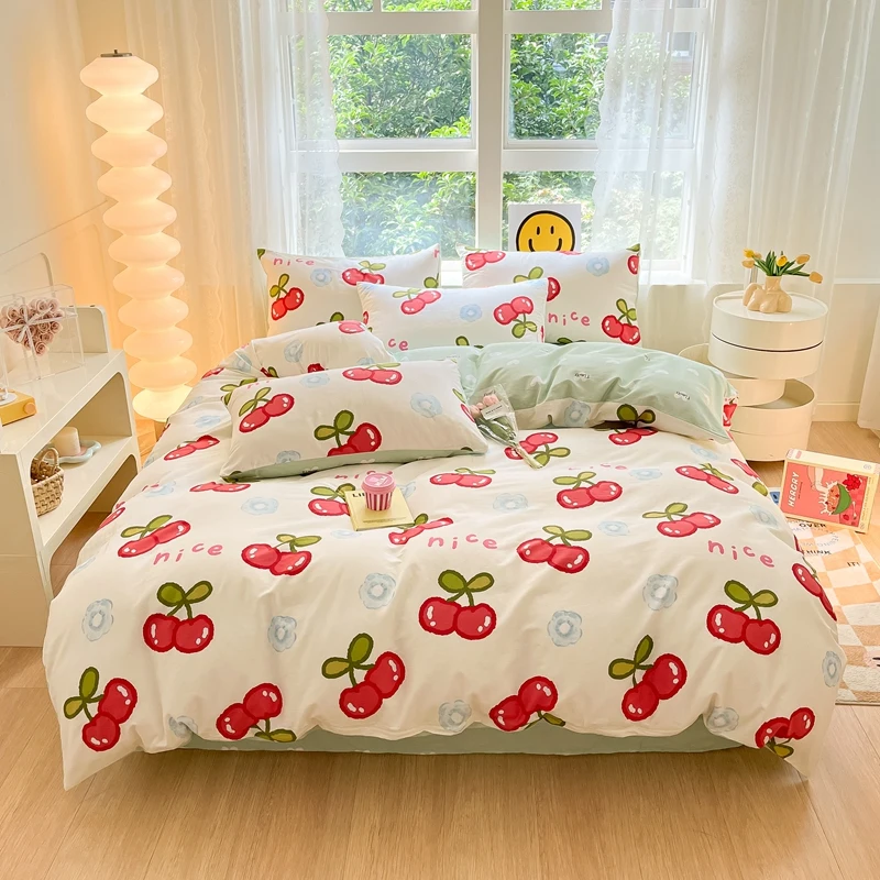 Red Cherry Duvet Cover Set 100% Cotton Fruits Bedding for Boys Girls Teens Cartoon Cherries Pattern Reversible Comforter Covers