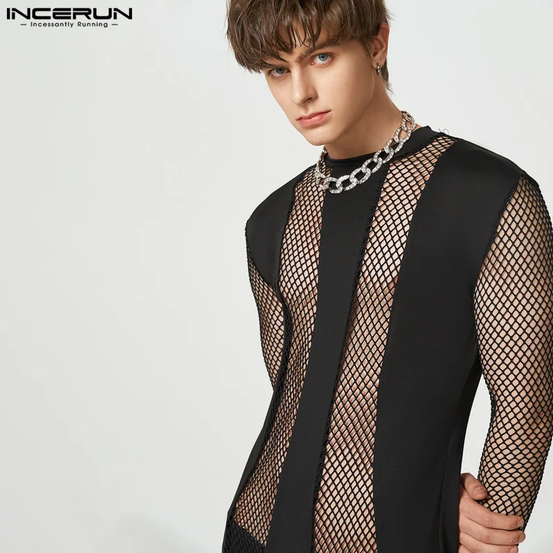 INCERUN-Mono de malla transparente para hombre, ropa de casa cómoda, Sexy, elegante, sólido, de manga larga, S-5XL