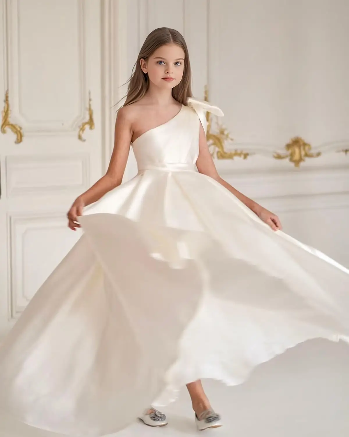 

Атласное платье с цветочным узором на одно плечо для девочек с бантом для свадьбы, первого причастия, длинное пышное бальное платье, платье подружки невесты