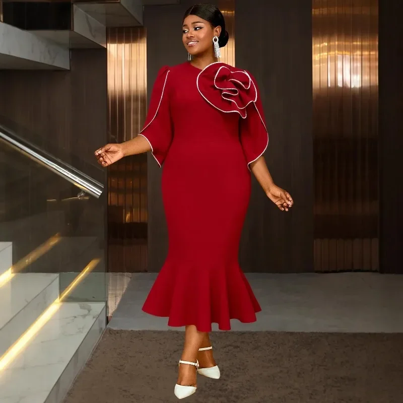 

L-4XL Red Plus Size African Dresses for Women Elegant African Short Sleeve Party Evening Bodycon Midi Dress Africa Clothing 2025
