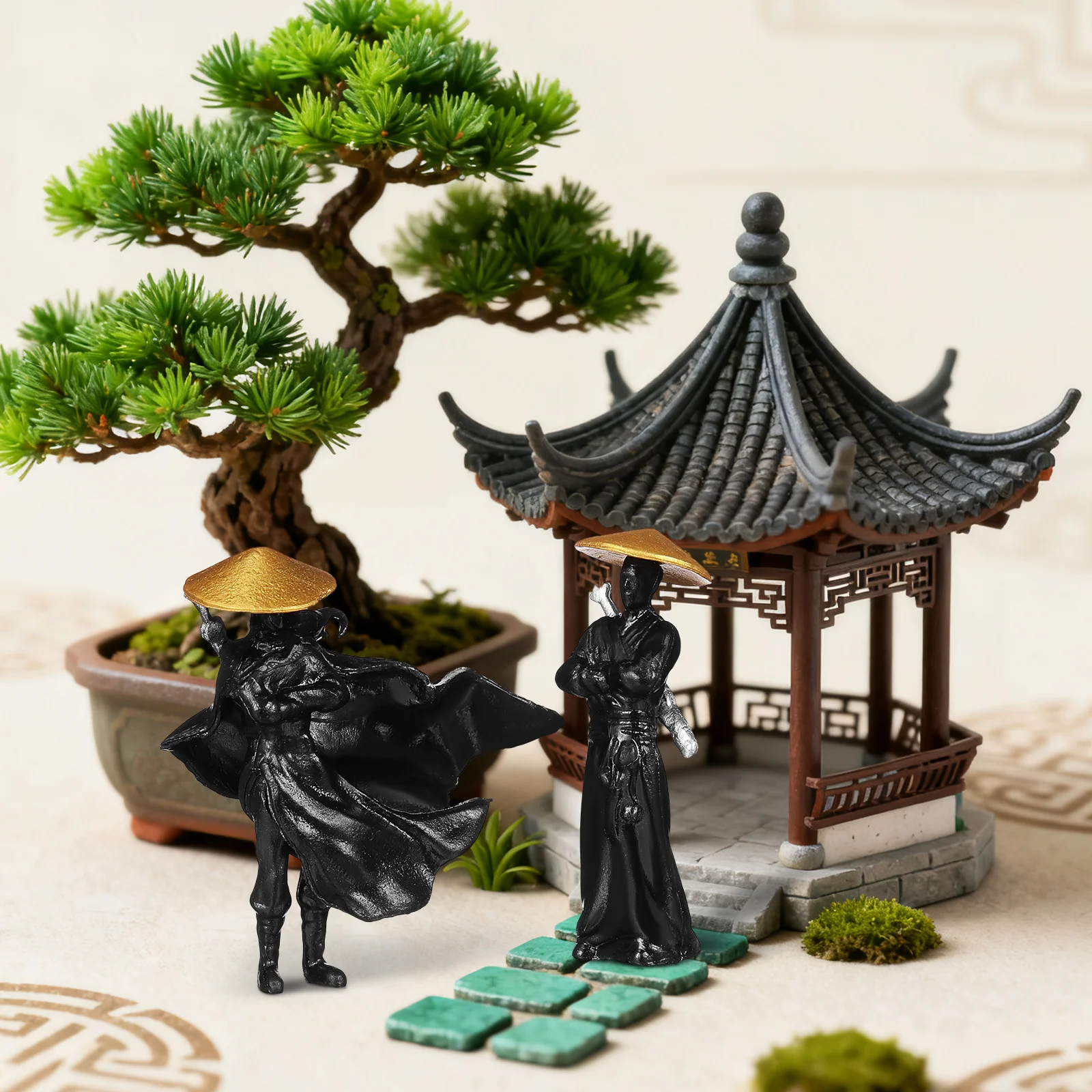 

2Pcs Ancient Chinese Jianghu Warrior Figures Detailed Miniature for Bonsai Garden Micro Landscape Desktop Decoration