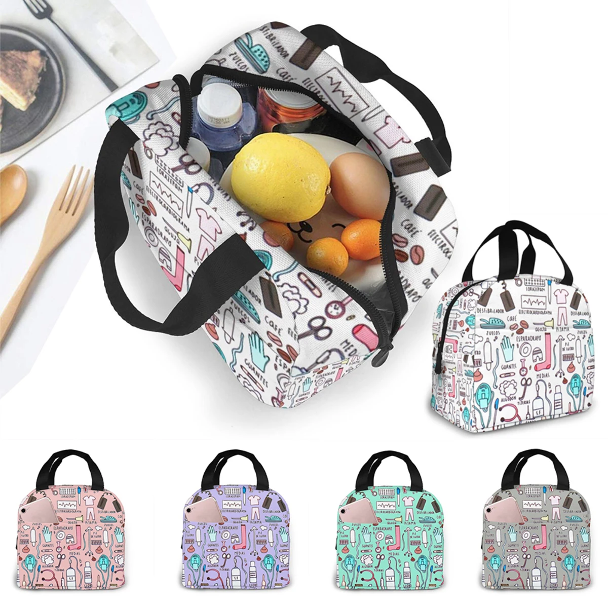 Portable Nurse Bag Insulated Lunch Bags Women Cute Nurse Print Food Case Tote Cooler Bento Bag for Kids Lunch Pouch