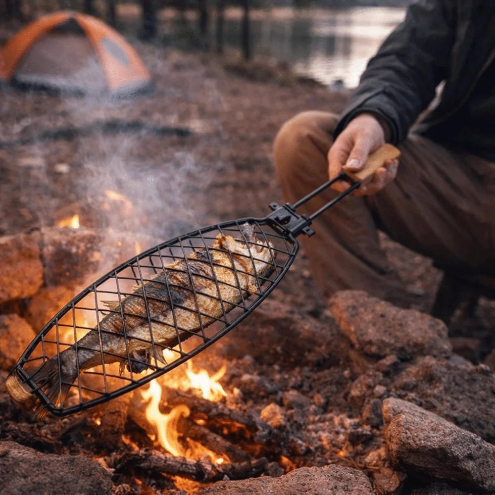 Folding Handle Grilling Basket Nonstick Stainless Steel Grilled Fish Net Electroplating Anti-scald Barbecue Mesh Home Use