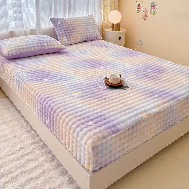 High Quality Milk Velvet Printed Fitted Sheet Single Thick Faux Rabbit Fur Mattress Protector Warm Bed Cover for Autumn Winter