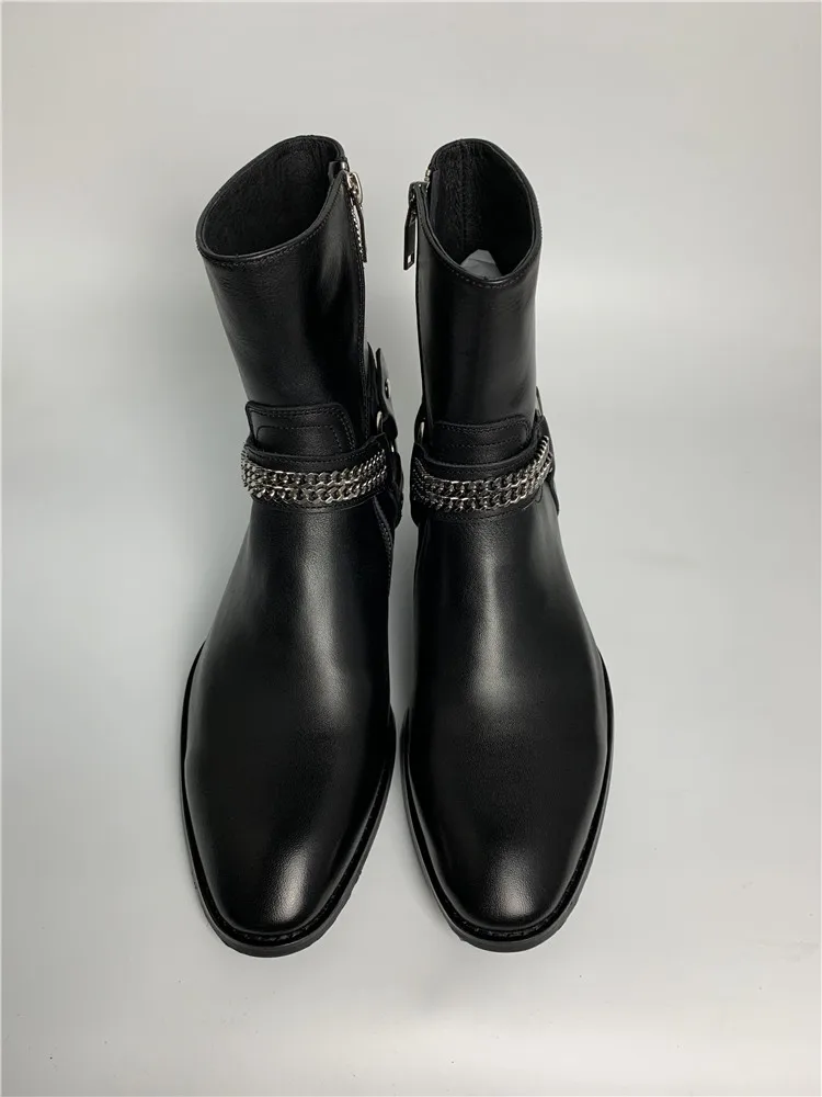 Botas de piel auténtica con diseño de cadena y hebilla, botas de piel de vaca, estilo Chealsea