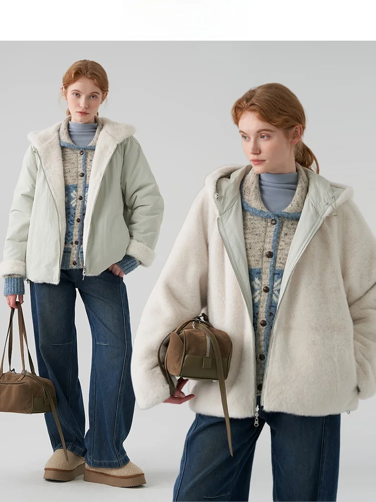 

Women's Retro Double-Sided Wear Fur Collar Loose Fit Winter Coat Casual Warm Cotton Jaet Long Sve Zipper Closure Top