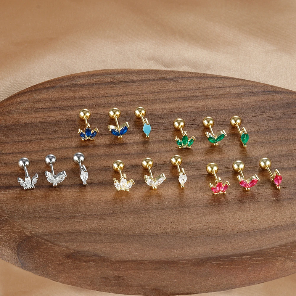 316 Stainless Steel Cartilage Piercing Earrings Set For Women Mini Zircon Crown Helix Tragus Stud Earring Fashion Jewelry 3pcs