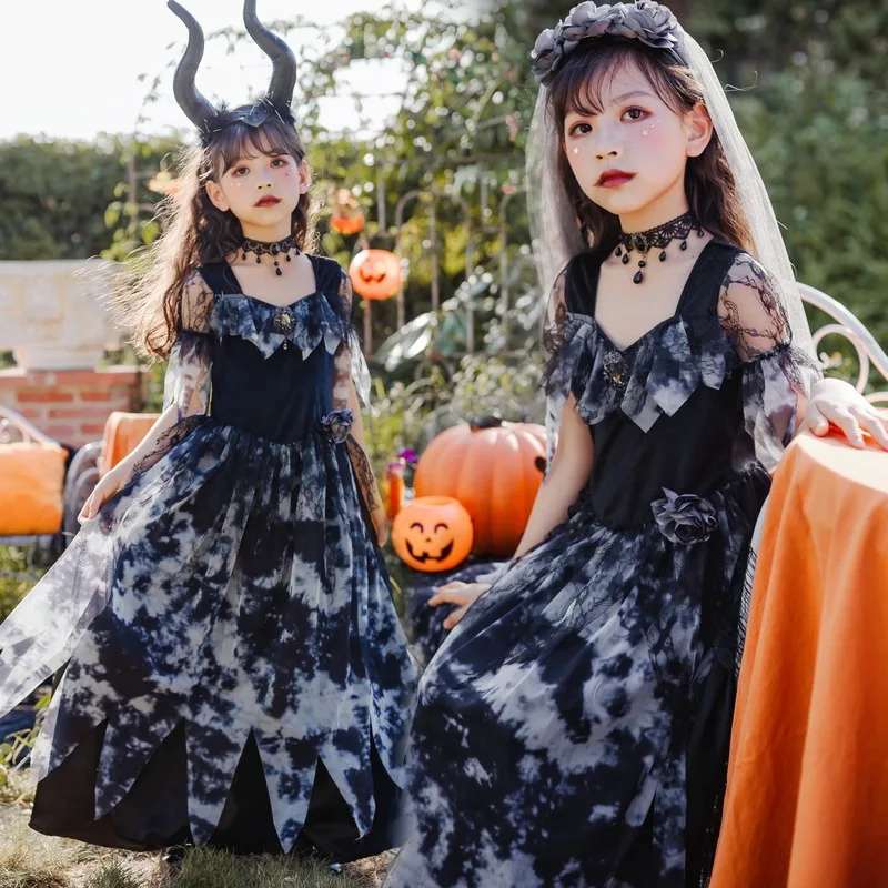 

Halloween Kids Costumes Ghost Bride Dress Witch Long Dress Stage Kids Gothic Elf Performance Costumes