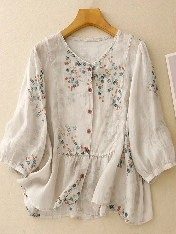 

Artistic Floral Linen ort Sve irt Women's Summer Thin Loose Casual round Ne Cotton Linen Small Top Commute Sle