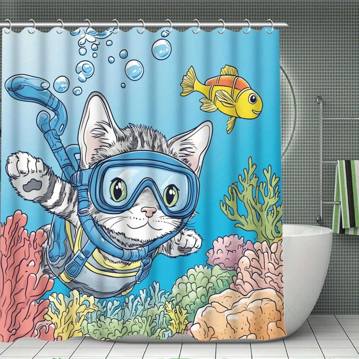 swin cat Decorative Shower Curtain Bathroom Set - Machine Washable, with 12 Hooks, including Toilet Seat Cover and Bathtub Mat