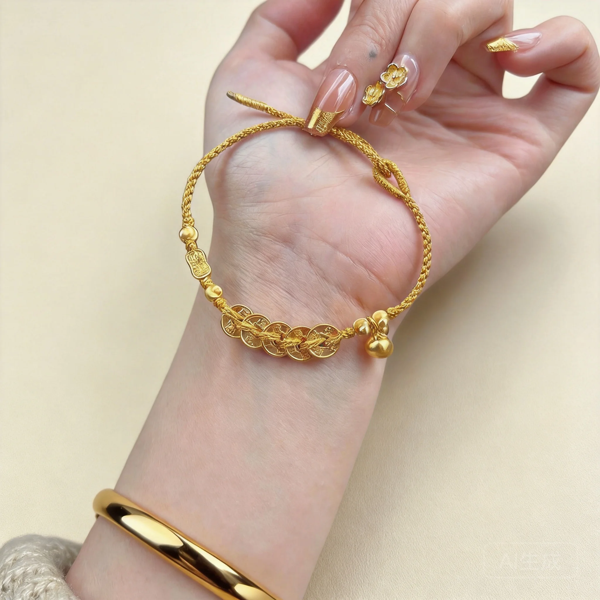 

Chinese Style Lucky Five Emperor Coins Gourd Golden Braided Bracelet Vintage Handmade Good Luck Wealth Blessing Jewelry Gift For