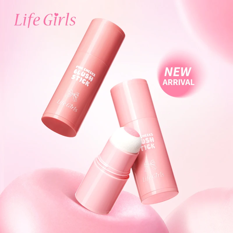 Life Girls Fard in stick di colore rosa naturale Fard per il viso per guance Trucco opaco Rouge Fard in spugna stile coreano