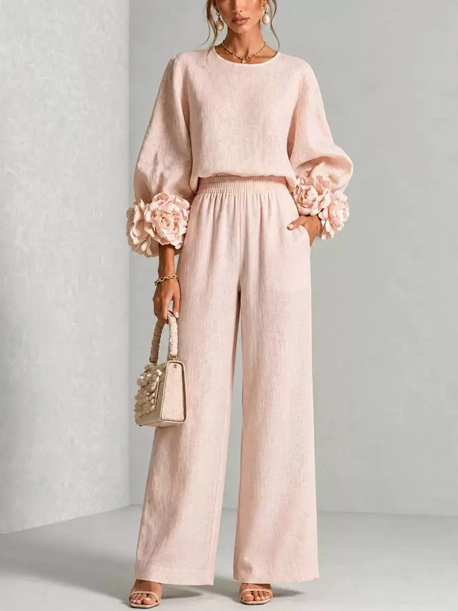 Ladies' Linen Two-Piece Set with 3D Flower Cuff round Neck Bubble Sleeve Top And High Waist Wide Leg Pants Elegant Casual Outfit