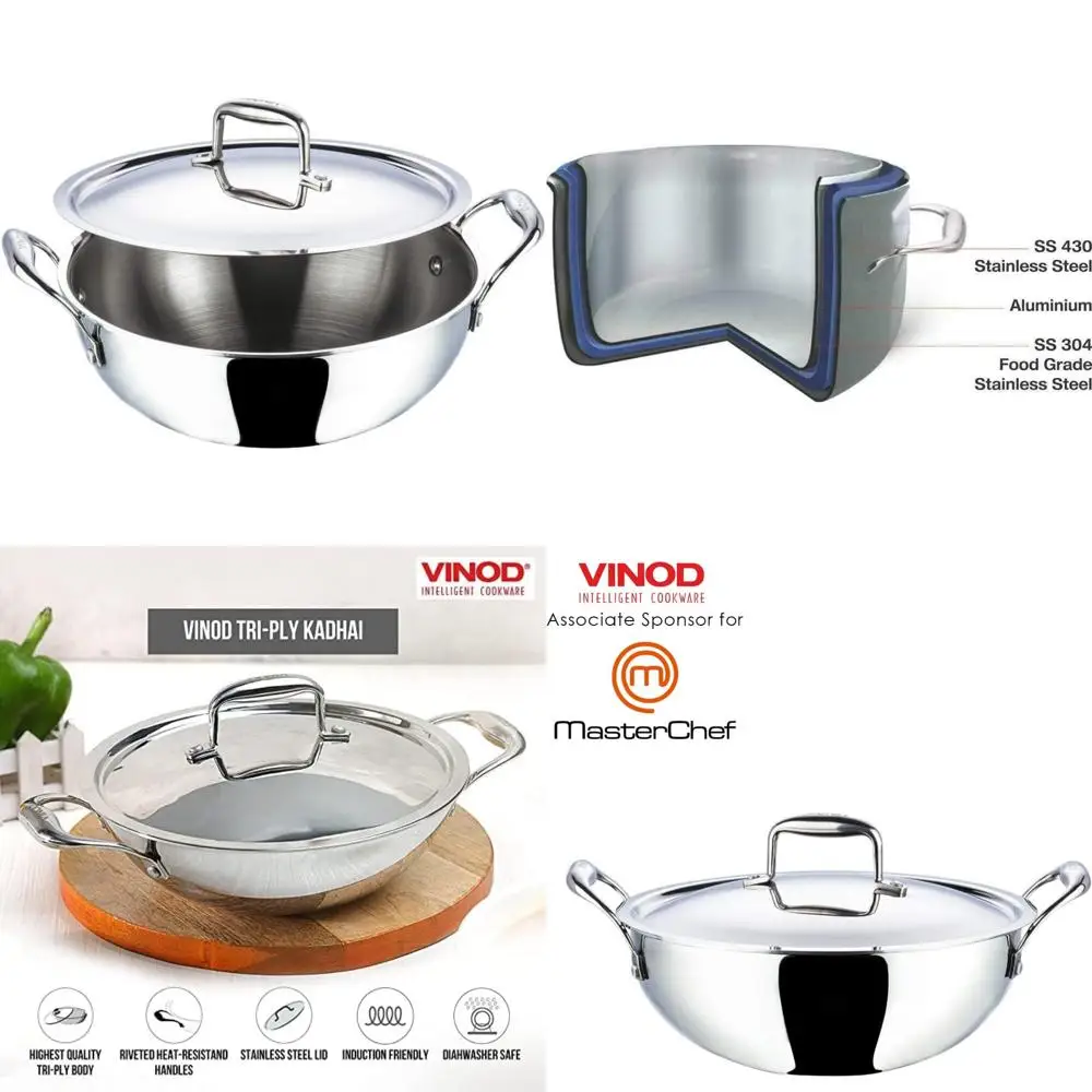 

Сковорода Kadai из нержавеющей стали, 24 см, 3,3 литра, идеально подходит для домашней кухни, очень глубокое сосуд для приготовления пищи