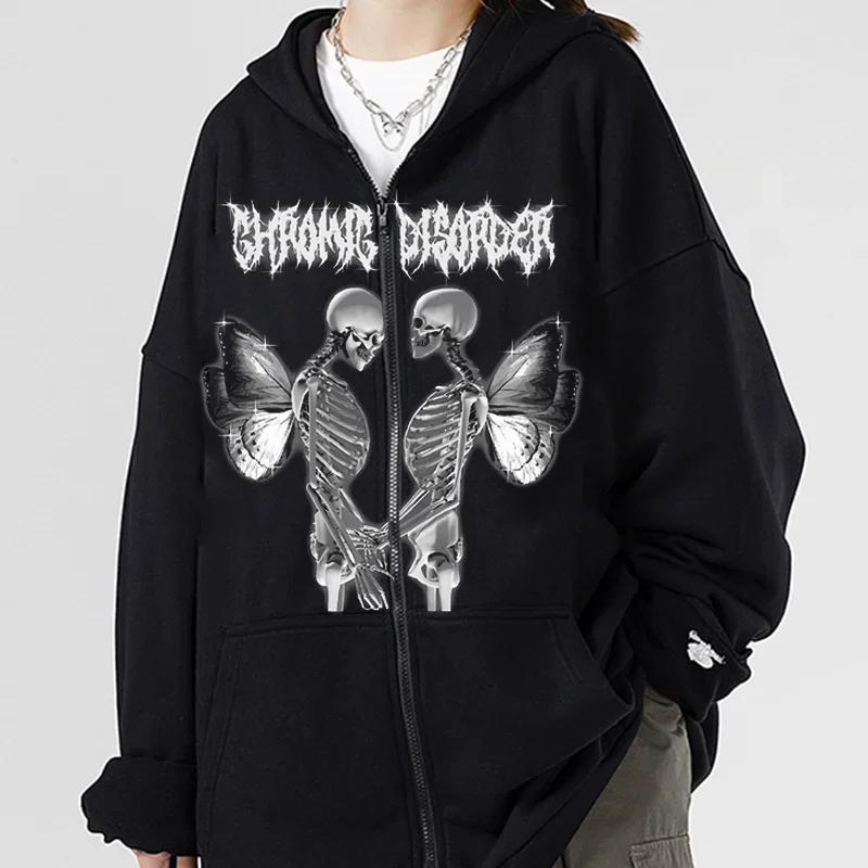 

2023 New Skull Print Long Sleeve Sports Jacket Y2k Zip Up Hoodies Coat Harajuku Fleece Oversize Hooded Sweatshirt Hoodie Tops