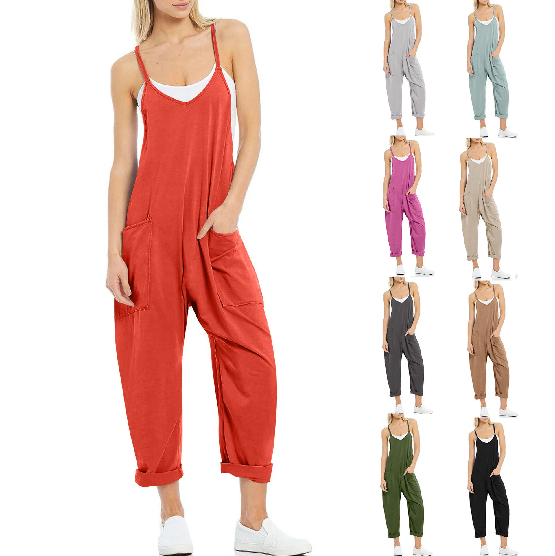 

Women Jumpsuits Overalls Solid Rompers One Piece Streetwear Straight Pants Sexy Ankle Length Pockets Knitting Loose Fit 2024