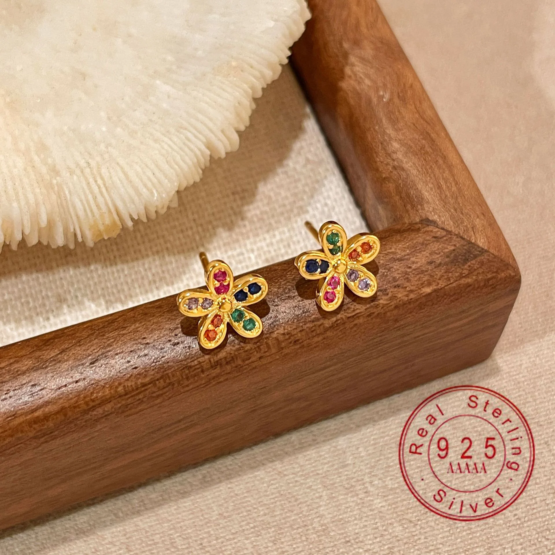 

Luxury 18K Gold Plated S925 Silver Rainbow Flower Cluster Stud Earrings, Sparkling Multi-Color CZ Floral Earrings for Women