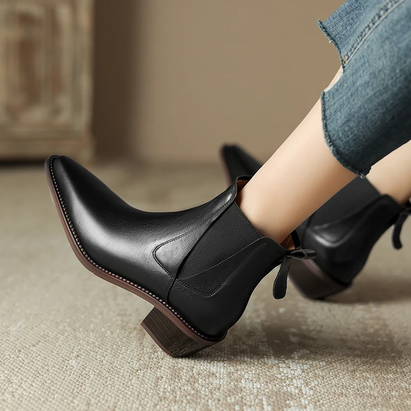 2023 Vintage Women Genuine Leather Ankle Boots Autumn Winter Thick Heels High Quality Elastic Band Office Lady Retro Shoes Woman