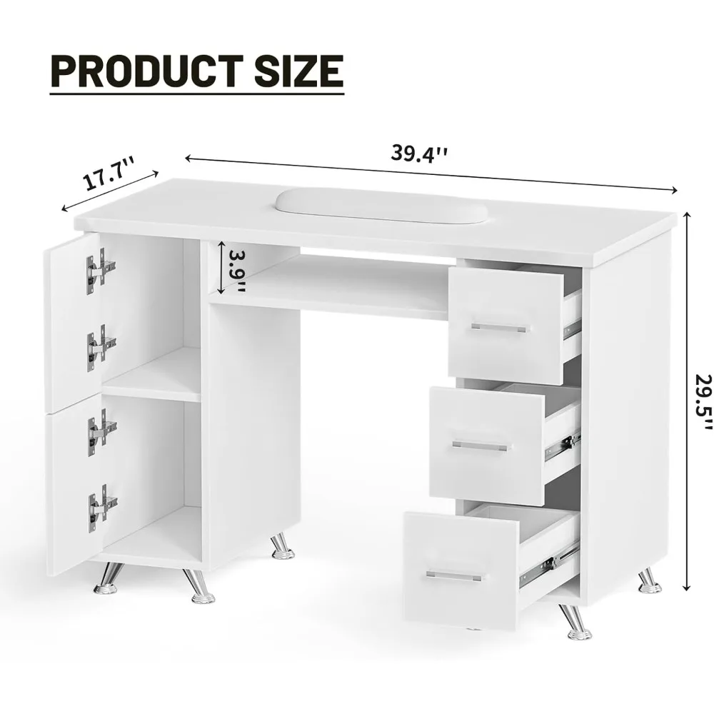 Nail Tech Desk Table Station with Extended Drawers & Cabinets & Wrist Cushion, Manicure Table, Nail Desk Acetone Resistant