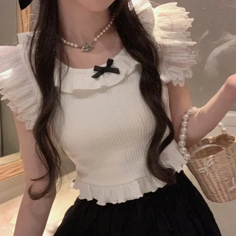 Summer Kawaii Lolita Blouse Women Bow Designer Party Slim Tops Female Casual Korean Fashion Bandage Sweet Elegant Blouse 2023