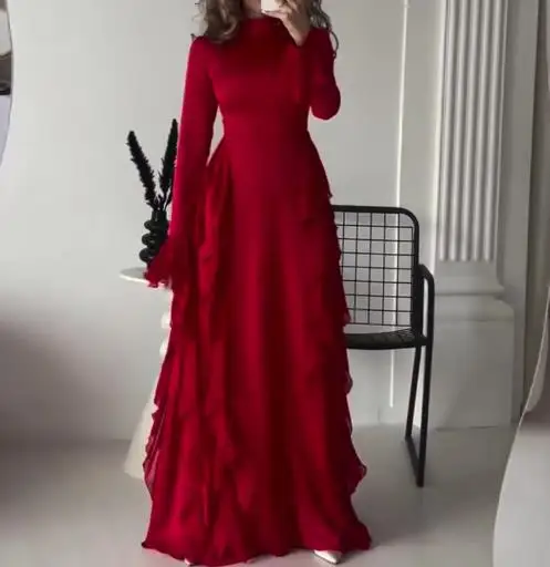 

Women's High Waist Splicing Strap Dress Autumn 2025 round Neck Trumpet Sleeve Style for Women