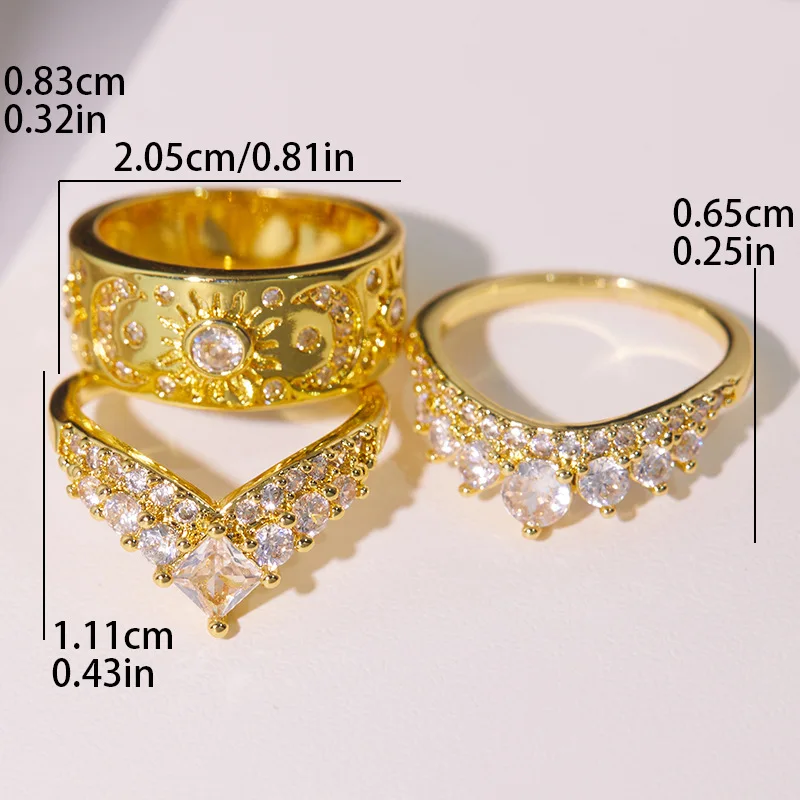 Huajie 3Pcs/set Luxury Women's Full Paved Sparking Zirconia Ring Sets Sun Moon Pattern Delicate High End Jewelry Accessories