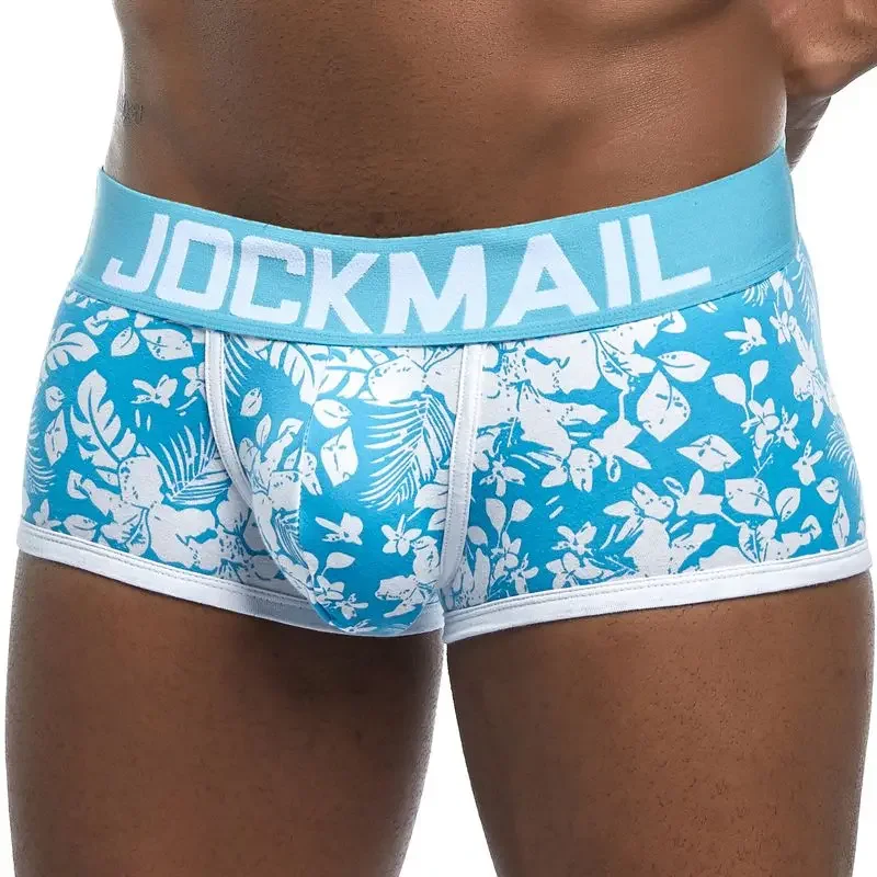 JOCKMAIL Marke Männlichen Höschen Atmungs Boxer Baumwolle Männer Unterwäsche U konvexen beutel Sexy Unterhose Gedruckt blätter Homewear Shorts